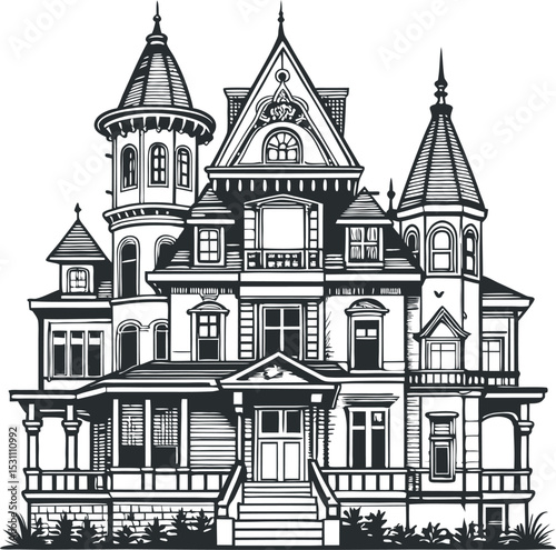 
This is an image of a detailed black and white illustration of a grand Victorian-style house