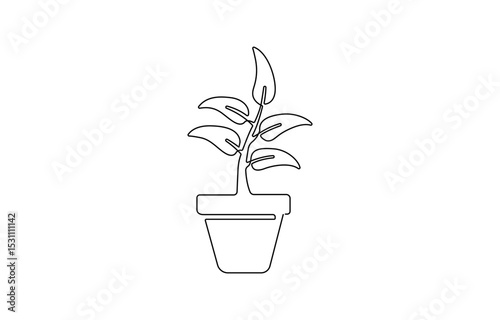 One line drawing of House plant in pot with color shapes. Continuous line hand drawn of Beautiful flower Isolated,  One line drawing of Living room with modern furniture. 