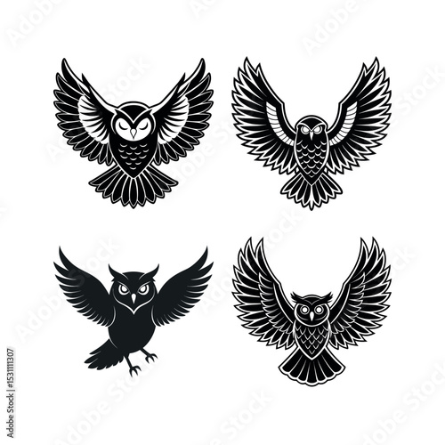 Four black and white owl illustrations with spread wings