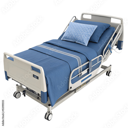 Hospital bed with blue linens isolated on transparent background