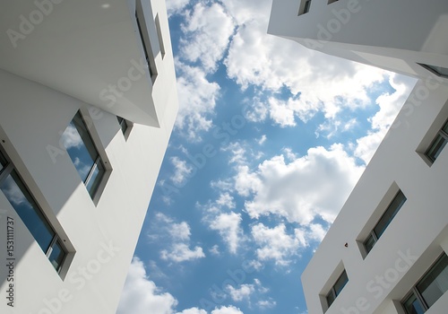 White buildings converge against a bright blue sky with fluffy clouds