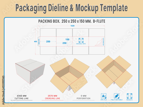 Packaging Dieline and Mockup Template. Dieline Real Shape and Dimension. Mockup Template. Fully editable vector.  Equipped die cut lengths prepared for production.