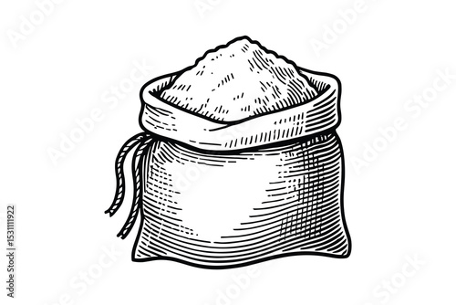Detailed engraving style vector illustration of a flour sack with tie and detailed lines.