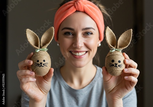 Smiling woman holding two burlap easter bunny decorations in her hands