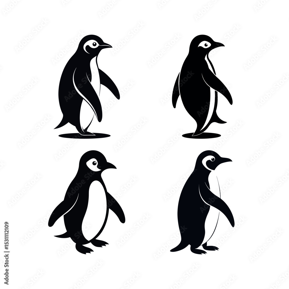 Obraz premium Four black and white penguin silhouettes in different poses