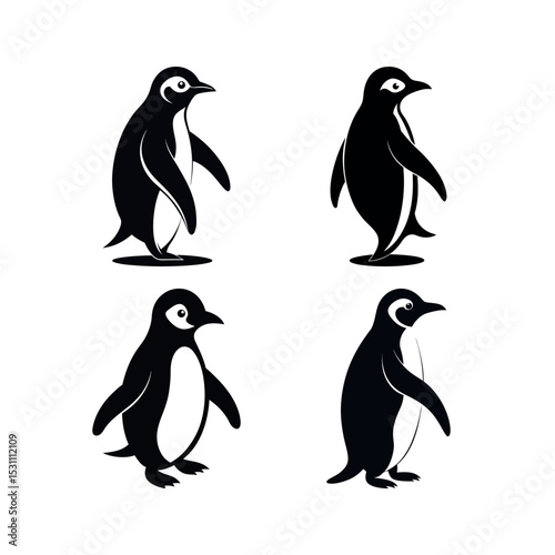 Four black and white penguin silhouettes in different poses