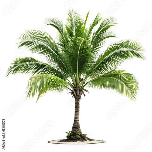 Lush green palm tree isolated on transparent background, standing tall on sand