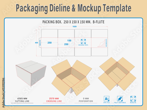 Packaging Dieline and Mockup Template. Dieline Real Shape and Dimension. Mockup Template. Fully editable vector.  Equipped die cut lengths prepared for production.