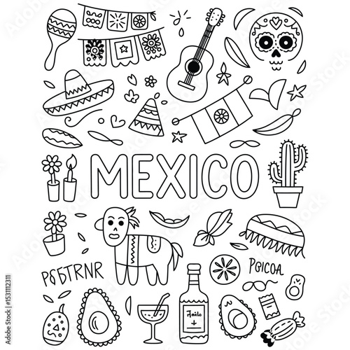 a festive hand-drawn doodle collection celebrating mexican culture with traditional icons and 'mexico' lettering