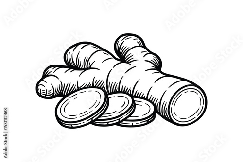 Detailed vector illustration of ginger root. Perfect for culinary designs, flavoring, and food projects.