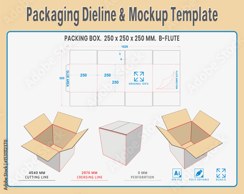 Packaging Dieline and Mockup Template. Dieline Real Shape and Dimension. Mockup Template. Fully editable vector.  Equipped die cut lengths prepared for production.