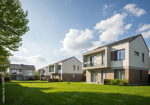 Modern houses with green lawn and blue sky in residential area