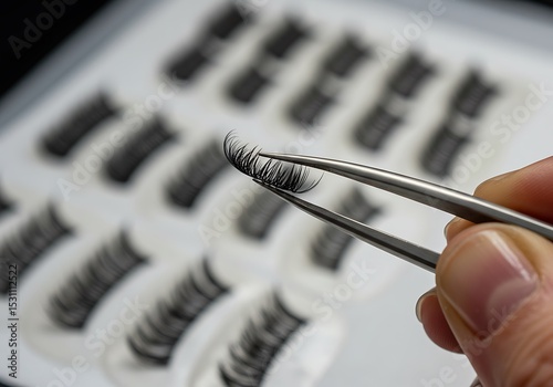 False eyelash being held by tweezers with multiple lashes in the background