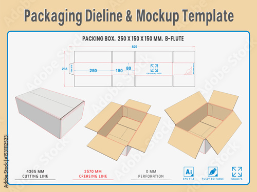 Packaging Dieline and Mockup Template. Dieline Real Shape and Dimension. Mockup Template. Fully editable vector.  Equipped die cut lengths prepared for production.