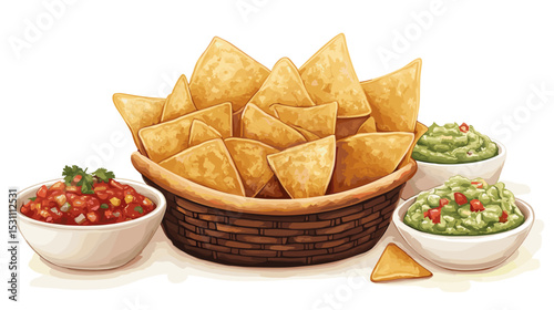 Basket of tortilla chips with bowls of salsa and guacamole vector isolated on a white background