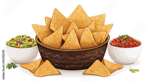 Basket of tortilla chips with bowls of salsa and guacamole vector isolated on a white background