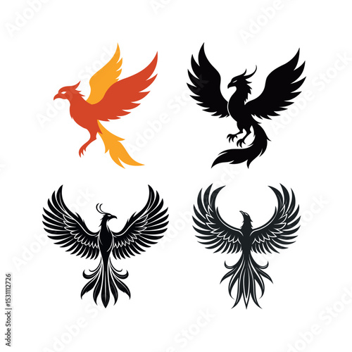 Four stylized phoenix bird silhouette designs black and red