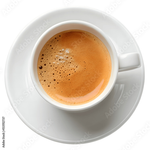 A frothy cup of espresso, isolated on transparent background, sits on a white saucer