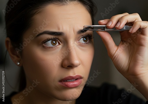 Woman using eyebrow razor for grooming and beauty routine at home