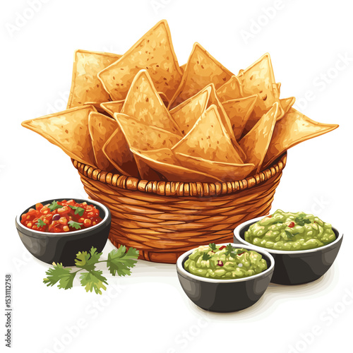 Basket of tortilla chips with bowls of salsa and guacamole vector isolated on a white background