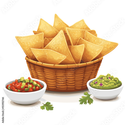 Basket of tortilla chips with bowls of salsa and guacamole vector isolated on a white background