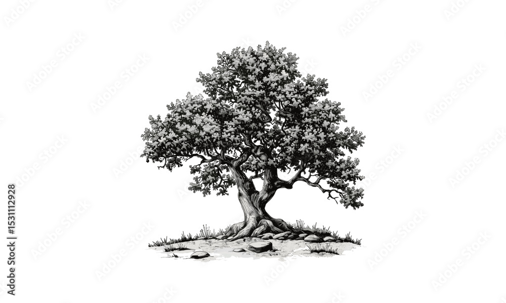Fototapeta premium Vector illustration Scarlet Hawthorn Tree, wild tree art, natural greenery, forest vegetation, plant drawing, seasonal flora, woodland scene, herbal design, leaf pattern, tree silhouette.