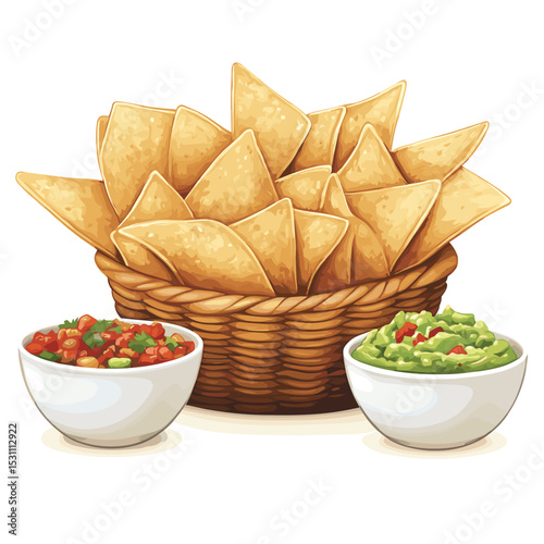 Basket of tortilla chips with bowls of salsa and guacamole vector isolated on a white background