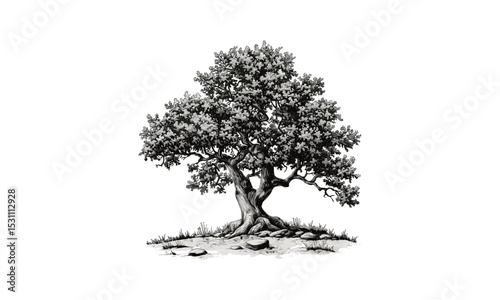 Vector illustration Scarlet Hawthorn Tree, wild tree art, natural greenery, forest vegetation, plant drawing, seasonal flora, woodland scene, herbal design, leaf pattern, tree silhouette.