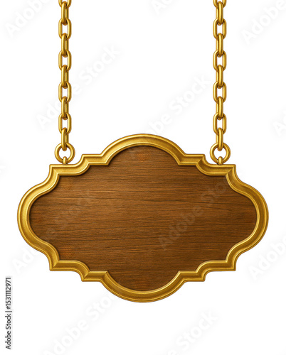 A gold chain hangs from a wooden sign. The sign is a wooden plaque with a chain hanging from it