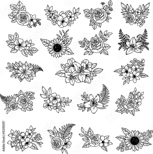 Floral Line Art Collection 20 Elegant Flower Bouquets for Design Projects