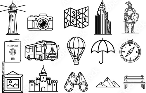 Adventure Awaits Travel Icons, Journey Symbols, Exploration Line Art