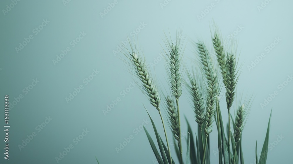 A green and white wheat stalks against a blue background. The concept of agriculture and nature. The image emphasizes the freshness and natural beauty of the plant. A green and white wheat stalks against a blue background. The concept of agriculture and nature. The image emphasizes the freshness and natural beauty of the plant.
