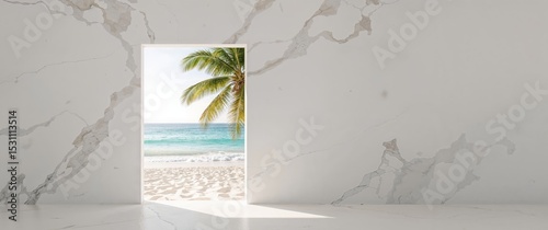 Tropical Beach View Through Marble Doorway. Dreamy Escape, Exotic Destination.