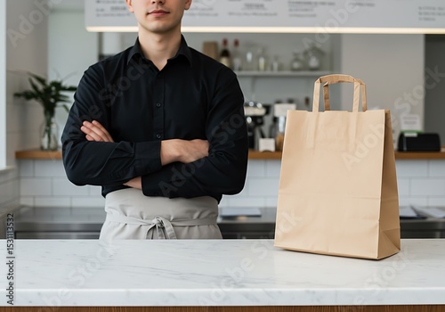 Waiter with arms crossed stands near a paper bag on a counter in a restaurant