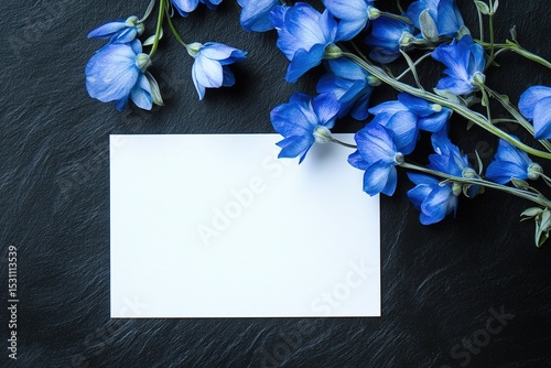 blank white card with blue delphinium flowers on the right side, on a black background, in a flat lay composition.