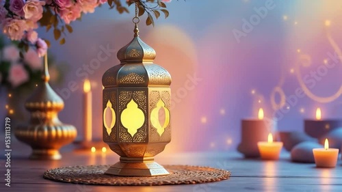 Golden lantern with soft candle lights creates a calm serene mood perfect for holidays or spiritual reflections with blurred abstract background.