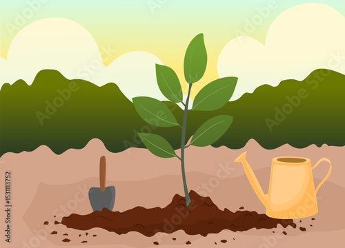 field scene with trees, shovel, watering can, and soil piles under a sunny sky. Concept of gardening and landscaping.