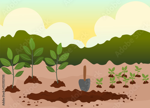 field scene with trees, shovel, watering can, and soil piles under a sunny sky. Concept of gardening and landscaping.