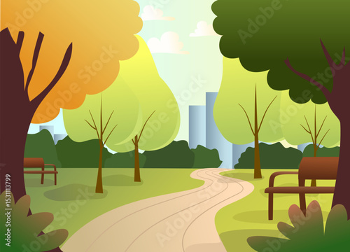 City park in a metropolis with a path, green lawns, beautiful trees and a bench for rest against the backdrop of skyscrapers. A cozy park in the city center.