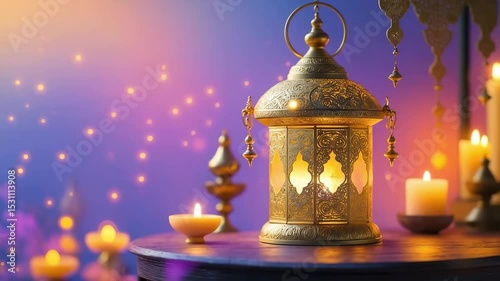 Golden lantern with candles on a table emits soft light against a colorful festive background usable for religious or cultural events.