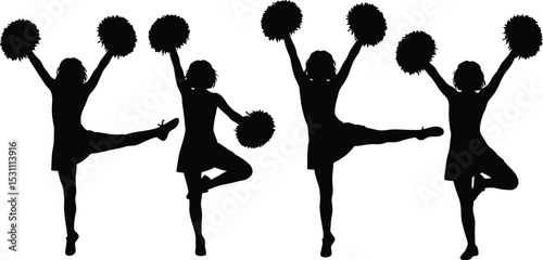 Vector silhouettes of young girls cheerleaders in action