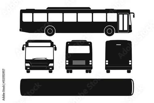 Detailed monochrome vector illustration set showcasing a bus from various angles for design use.