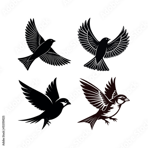 Four stylized sparrow silhouettes in flight