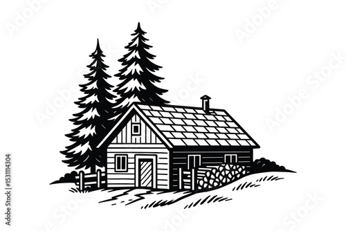 Detailed vector illustration of a cabin in the woods with pine trees in monochrome style.