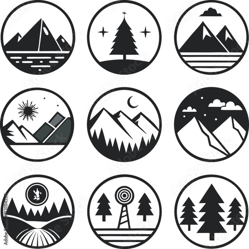 A collection of black and white circular logos featuring various minimalist mountain and forest landscapes, ideal for outdoor branding or emblems