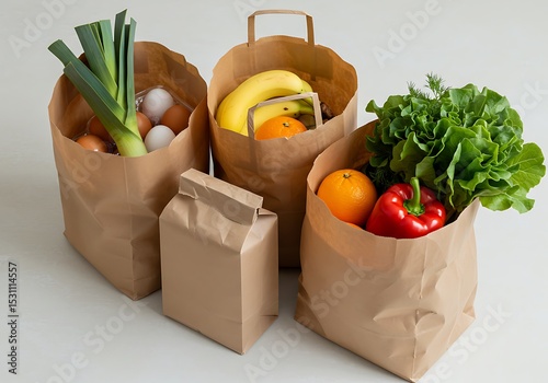 Groceries in paper bags including fruits, vegetables, and eggs on white background