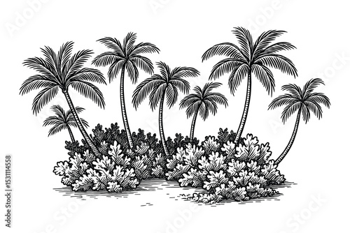 Detailed monochrome vector illustration featuring tropical palm trees and lush bushes in a serene style.