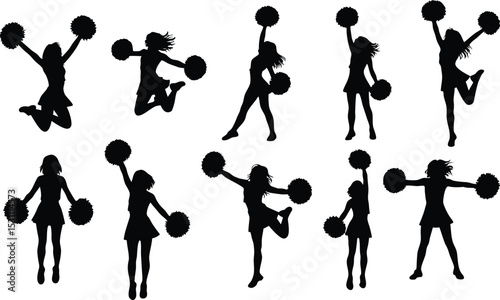 Ten Cheerleader Silhouettes Pom Poms Black White vector