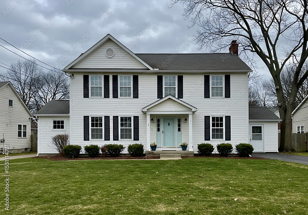 Obraz premium Two story house with white siding, black shutters, and a green lawn on a cloudy day