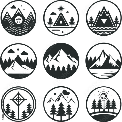 A collection of black and white circular logos featuring various minimalist mountain and forest landscapes, ideal for outdoor branding or emblems
